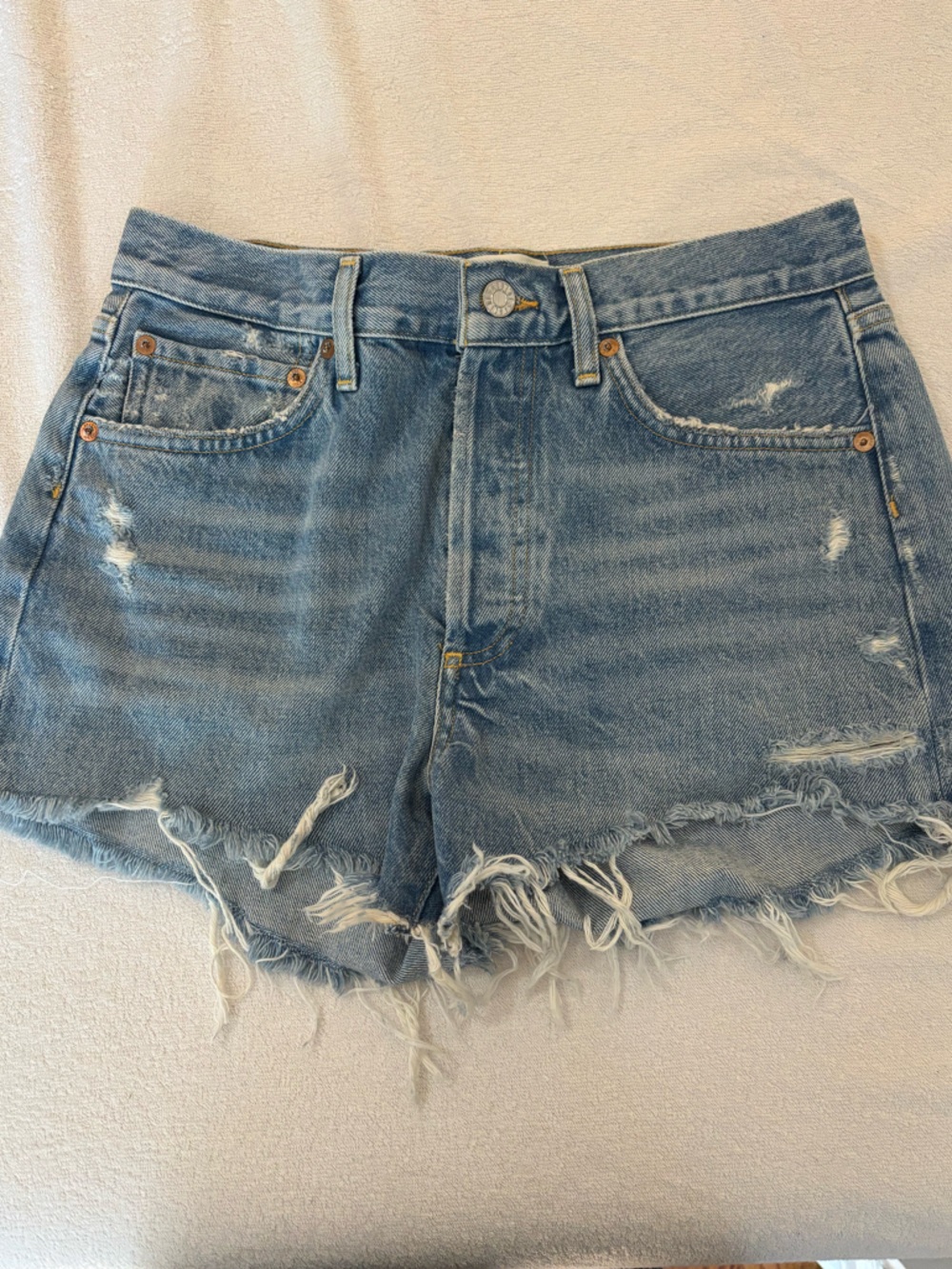 Agolde Light Blue Distressed Denim Shorts